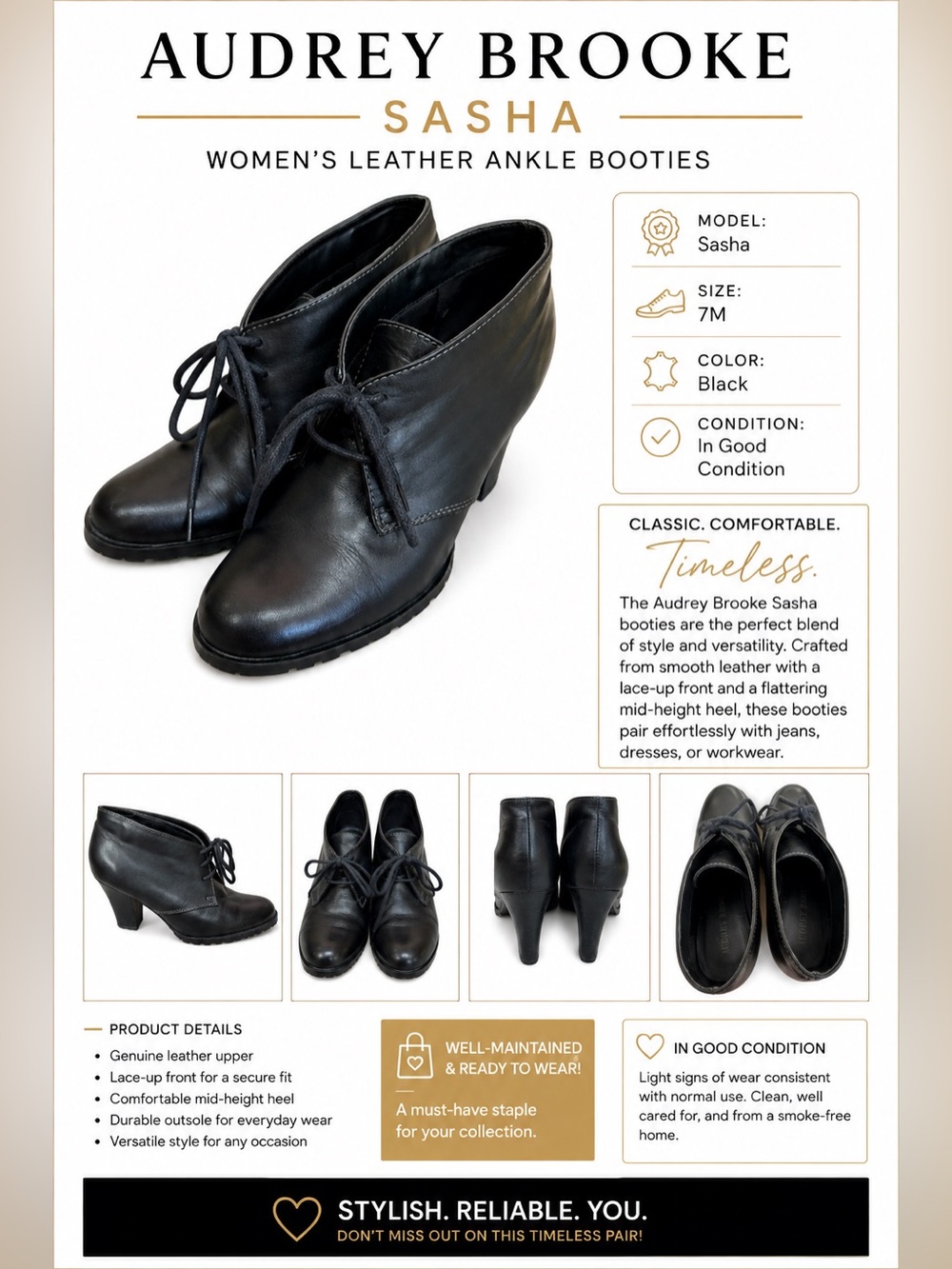Audrey Brooke Black Leather Lace-Up Ankle Booties Sasha